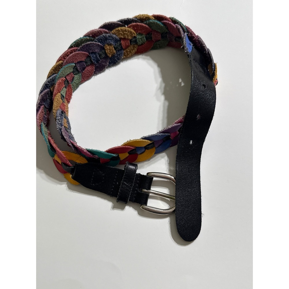 Vintage Multicolor Braided Leather Belt Women Woven Boho Rainbow Silver Buckle